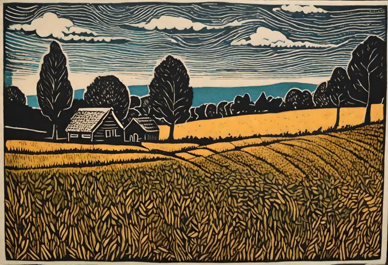 Woodcut,Woodcut, Nature, field, no humans, cloud, outdoors, sky, tree, grass, scenery, border, cloudy sky