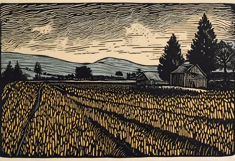 Woodcut,Woodcut, Nature, field, no humans, outdoors, tree, scenery, grass, sky, border, cloud, field