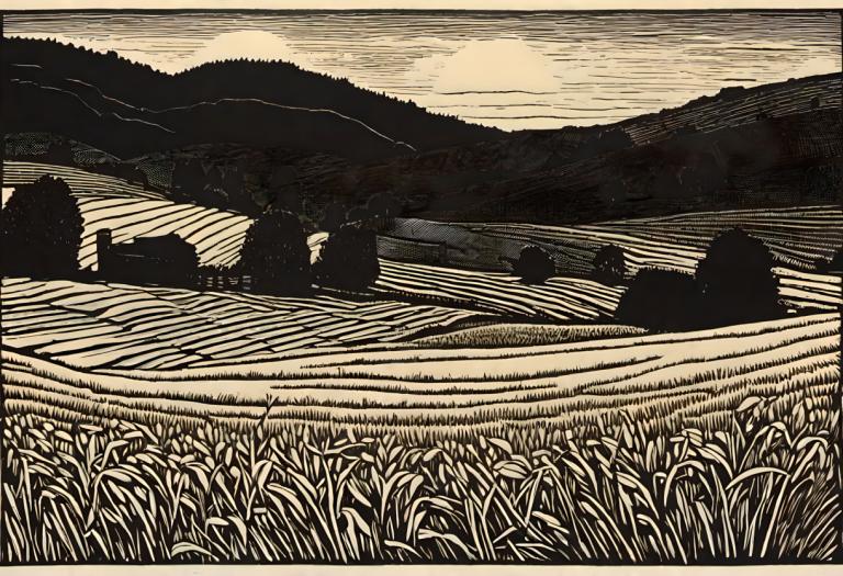 Woodcut,Woodcut, Nature, field, no humans, outdoors, grass, scenery, monochrome, border, sky, field, cloud