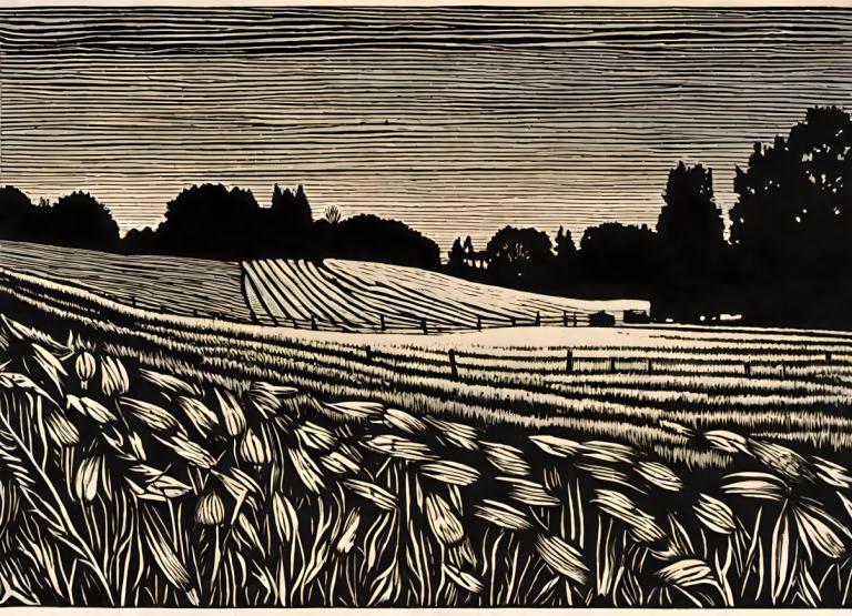 Woodcut,Woodcut, Nature, field, no humans, scenery, outdoors, monochrome, grass, sky, cloud, nature, tree