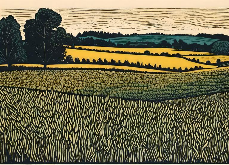 Woodcut,Woodcut, Nature, field, tree, no humans, outdoors, scenery, grass, sky, cloud, field, nature