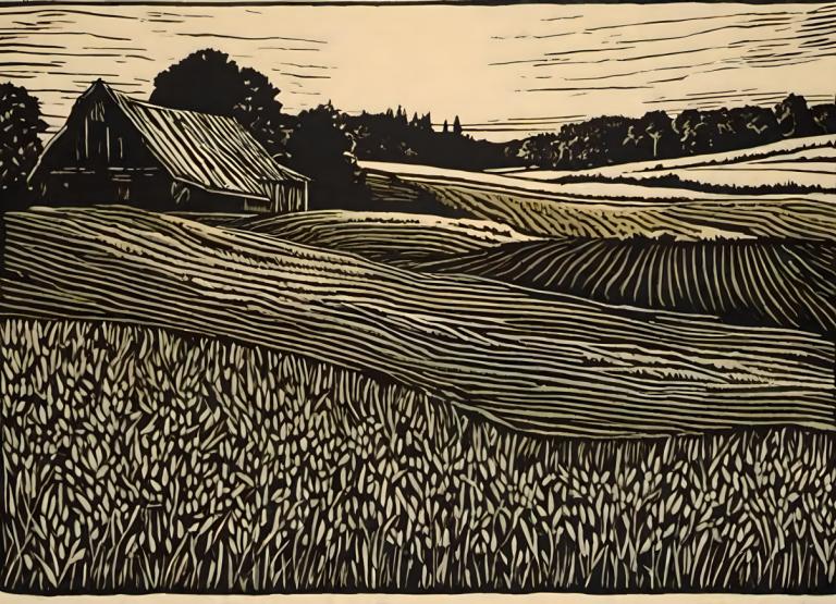 Woodcut,Woodcut, Nature, field, no humans, monochrome, outdoors, scenery, house, tree, field, grass, sky