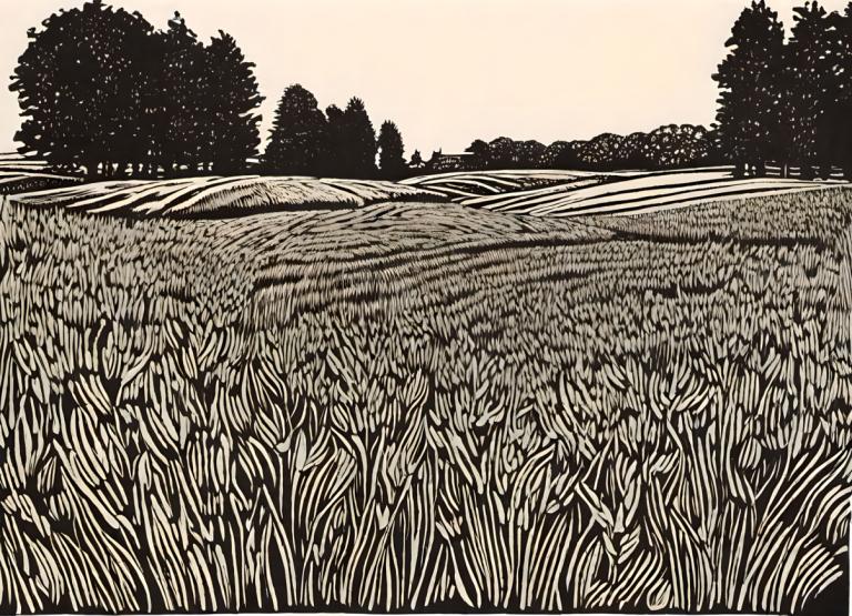 Woodcut,Woodcut, Nature, field, no humans, outdoors, grass, tree, monochrome, scenery, nature, field, sky