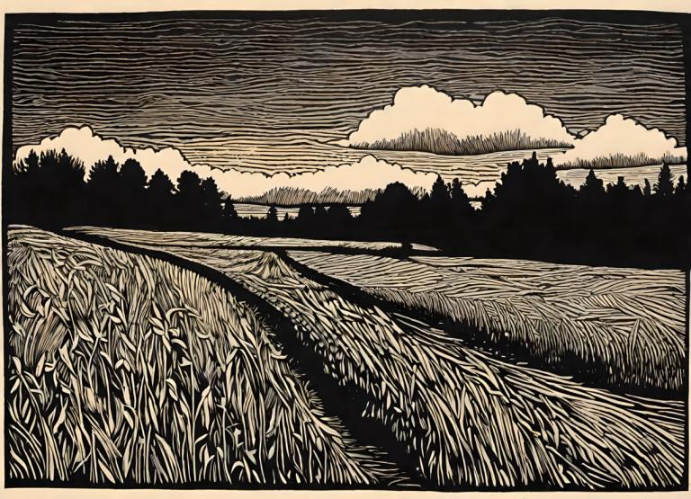 Woodcut,Woodcut, Nature, field, no humans, cloud, monochrome, scenery, outdoors, sky, grass, nature