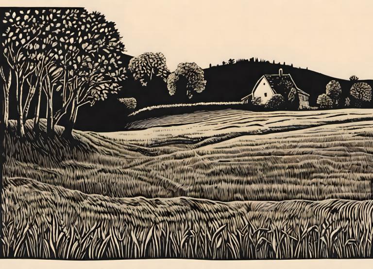 Woodcut,Woodcut, Nature, field, no humans, tree, monochrome, outdoors, grass, scenery, nature