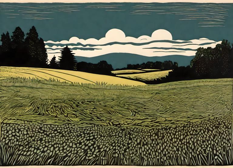 Woodcut,Woodcut, Nature, field, no humans, outdoors, sky, cloud, scenery, grass, tree, nature, field