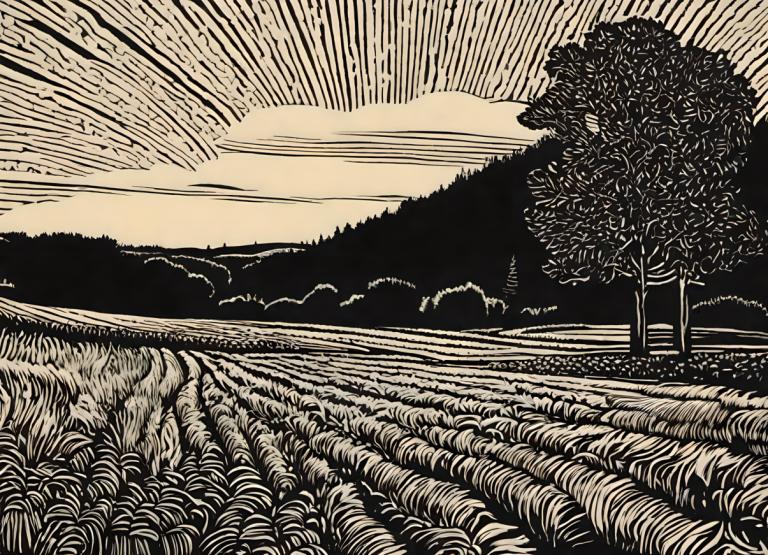 Woodcut,Woodcut, Nature, field, no humans, tree, outdoors, monochrome, scenery, grass, border, sky, nature