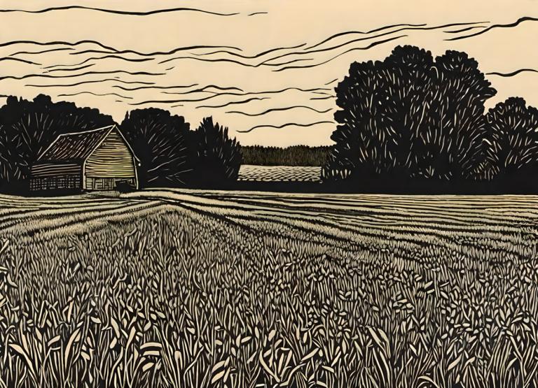 Woodcut,Woodcut, Nature, field, no humans, grass, outdoors, sky, cloud, tree, scenery, house, monochrome