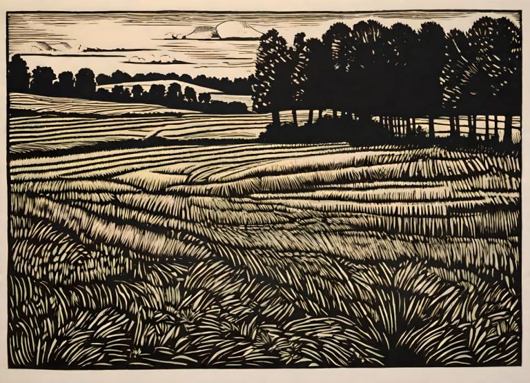 Woodcut,Woodcut, Nature, field, no humans, grass, outdoors, monochrome, tree, scenery, sky, cloud, border