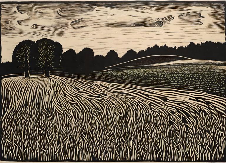 Woodcut,Woodcut, Nature, field, tree, cloud, no humans, sky, outdoors, scenery, grass, monochrome, cloudy sky