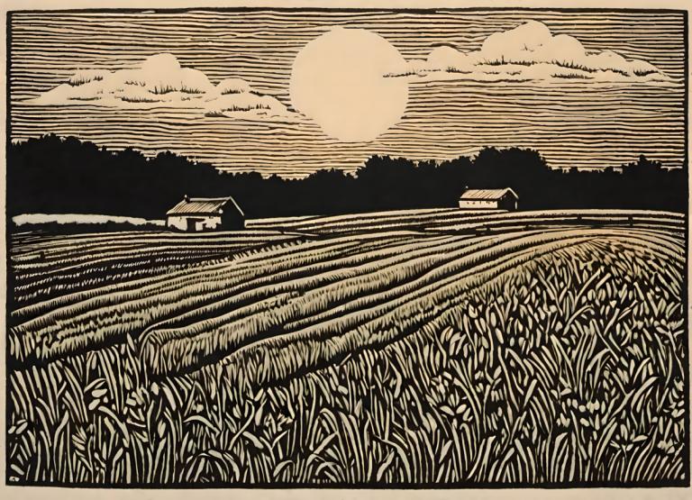 Woodcut,Woodcut, Nature, field, no humans, monochrome, grass, cloud, outdoors, sky, scenery, house