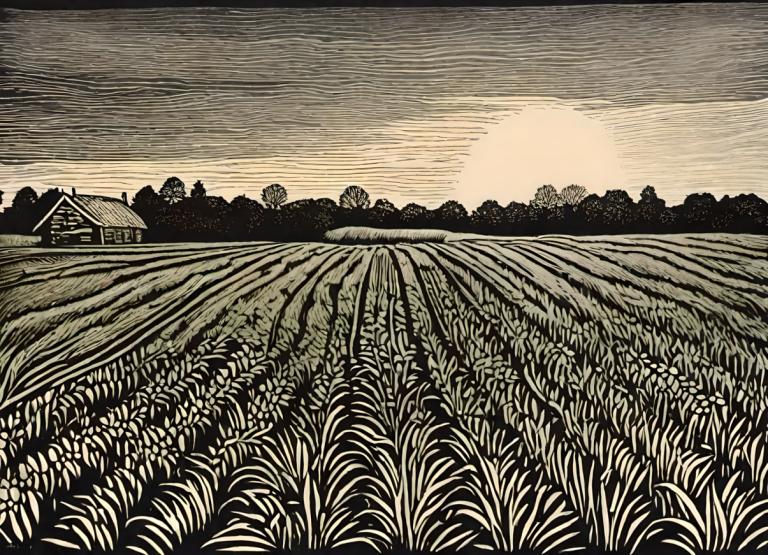 Woodcut,Woodcut, Nature, field, no humans, outdoors, sky, field, cloud, scenery, grass, traditional media