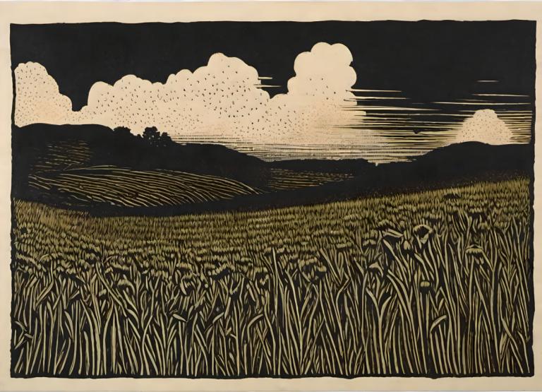 Woodcut,Woodcut, Nature, field, no humans, cloud, sky, border, outdoors, grass, field, monochrome, scenery