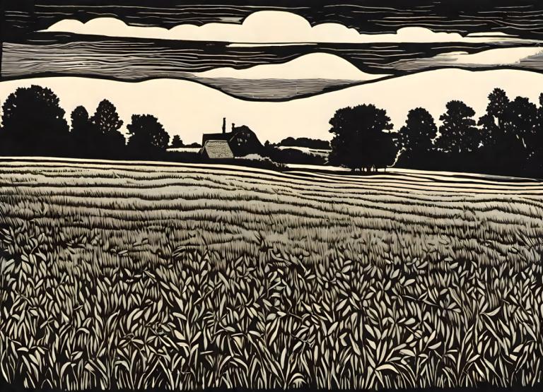 Woodcut,Woodcut, Nature, field, no humans, outdoors, grass, monochrome, cloud, sky, tree, scenery, field