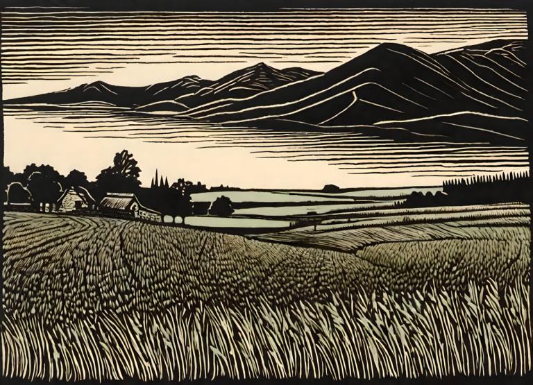 Woodcut,Woodcut, Nature, field, no humans, outdoors, monochrome, grass, scenery, tree, border, black border