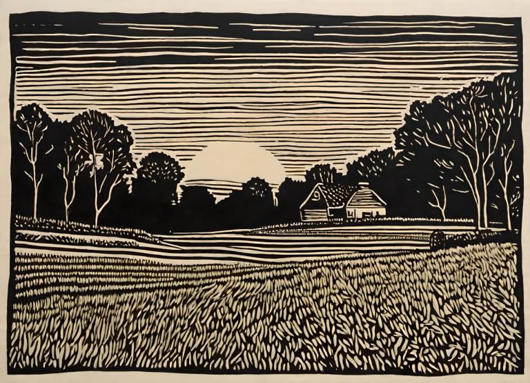 Woodcut,Woodcut, Nature, field, tree, monochrome, no humans, grass, outdoors, scenery