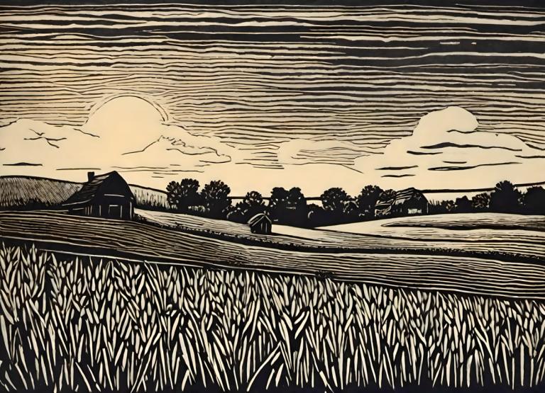 Woodcut,Woodcut, Nature, field, monochrome, grass, cloud, sky, outdoors, tree, scenery, solo, house, no humans