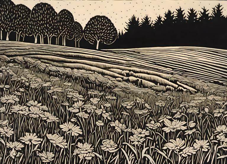 Woodcut,Woodcut, Nature, field, flower, no humans, tree, scenery, outdoors, monochrome, nature, sky, field