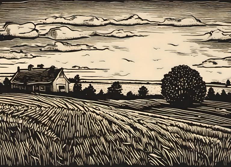 Woodcut,Woodcut, Nature, field, no humans, monochrome, cloud, outdoors, sky, tree, scenery, grass, house