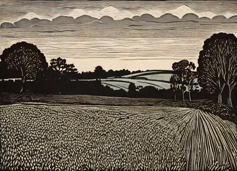 Woodcut,Woodcut, Nature, field, tree, monochrome, outdoors, cloud, scenery, sky, no humans, grass, border