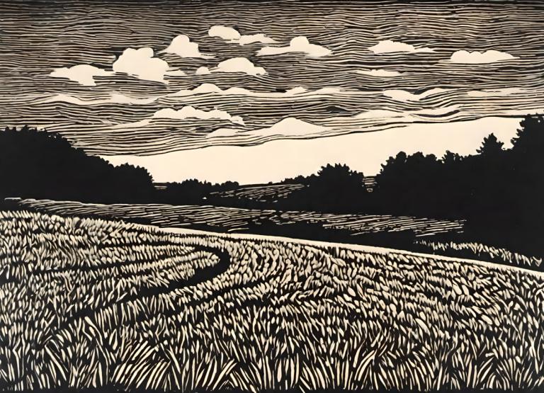 Woodcut,Woodcut, Nature, field, monochrome, cloud, scenery, no humans, outdoors, sky, field, grass, nature