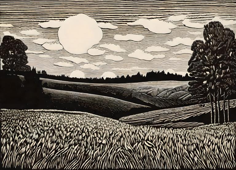 Woodcut,Woodcut, Nature, field, monochrome, no humans, cloud, sun, outdoors, tree, sky, scenery, grass, field