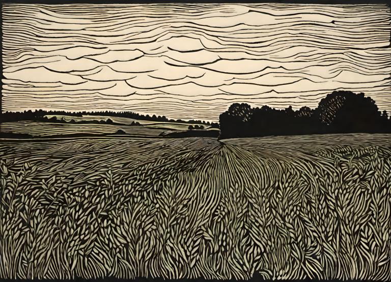 Woodcut,Woodcut, Nature, field, no humans, outdoors, scenery, cloud, sky, grass, black border, monochrome