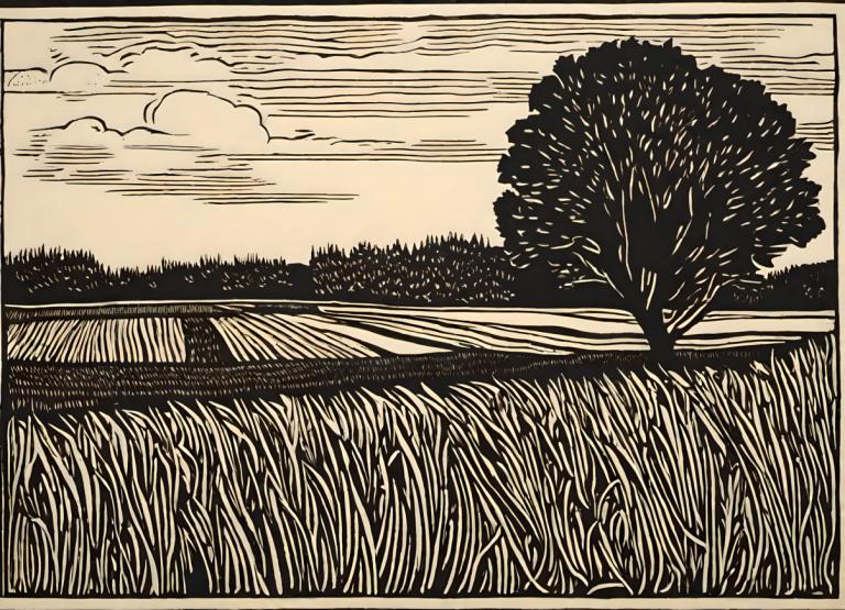 Woodcut,Woodcut, Nature, field, tree, no humans, monochrome, cloud, grass, outdoors, sky, scenery, cloudy sky