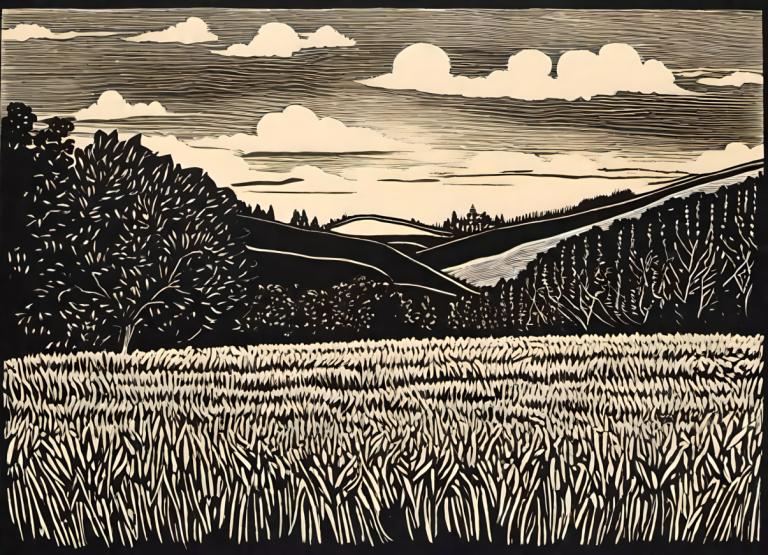 Woodcut,Woodcut, Nature, field, no humans, cloud, tree, outdoors, sky, scenery, monochrome, grass, cloudy sky