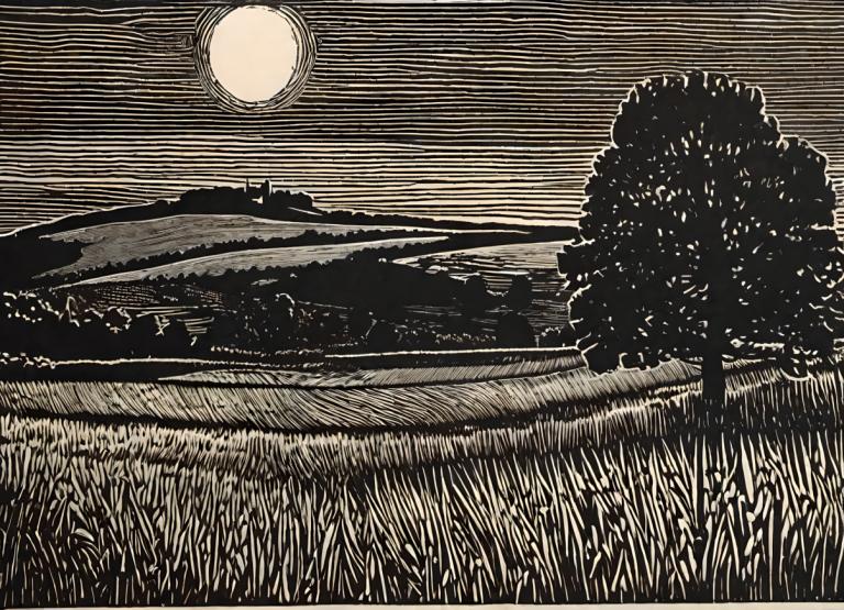 Woodcut,Woodcut, Nature, field, no humans, moon, grass, monochrome, outdoors, tree, border, scenery