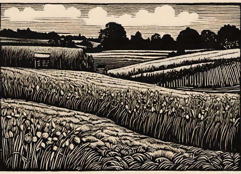 Woodcut,Woodcut, Nature, field, monochrome, no humans, outdoors, field, scenery, grass, flower, cloud, sky