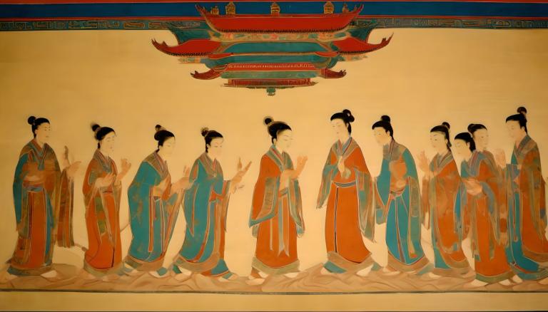 Fresco,Fresco, People, dunhuang murals, hanfu, black hair, long sleeves, hair bun, robe, multiple boys