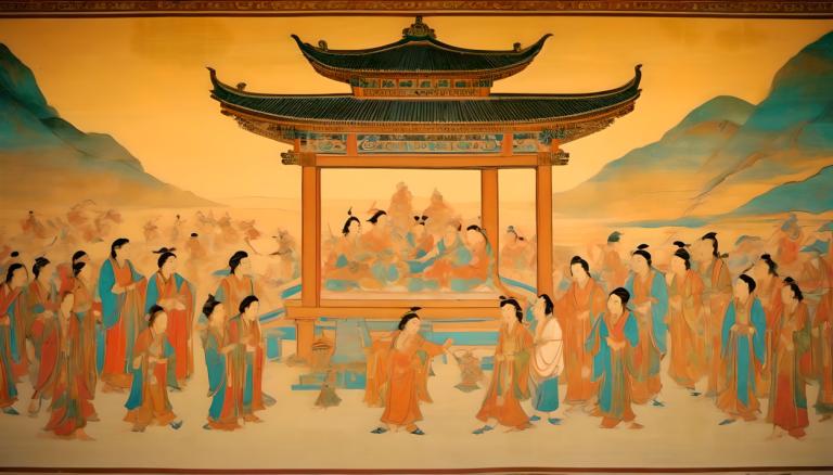 Fresco,Fresco, People, dunhuang murals, east asian architecture, architecture, bird, outdoors, mountain