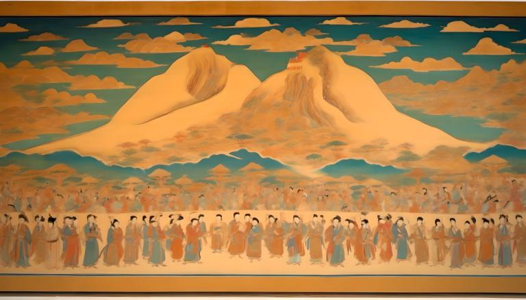 Fresco,Fresco, People, dunhuang murals, cloud, sky, 6+boys, multiple boys, multiple girls, outdoors, mountain