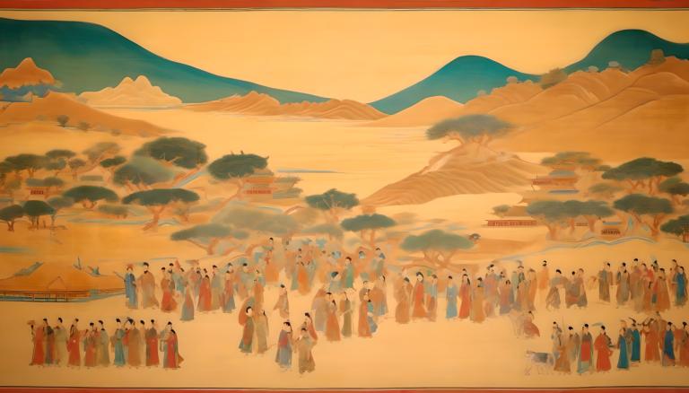 Fresco,Fresco, People, dunhuang murals, 6+boys, mountain, multiple boys, multiple girls, 6+girls, desert