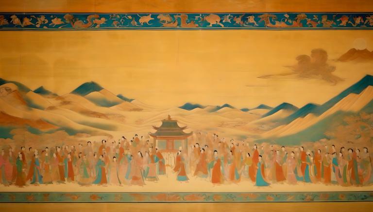 Fresco,Fresco, People, dunhuang murals, east asian architecture, architecture, mountain, multiple boys