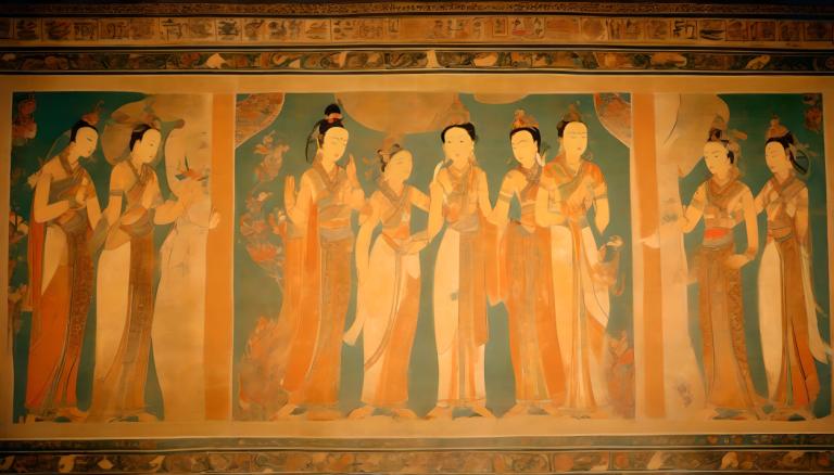 Fresk,Fresk, İnsanlar, Dunhuang duvar resimleri, birden fazla kız, Çin kıyafetleri, siyah saç, elbise, 6+kız