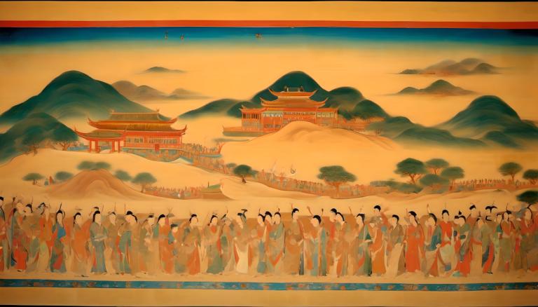 Fresco,Fresco, People, dunhuang murals, architecture, east asian architecture, mountain, 6+boys