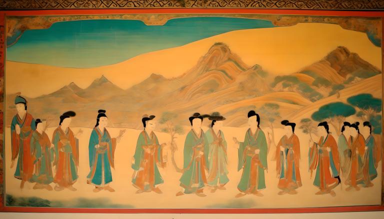 Fresko,Fresko, Menschen, Wandgemälde aus Dunhuang, mehrere Jungen, 6+Jungen, Hanfu, lange Ärmel, Berg