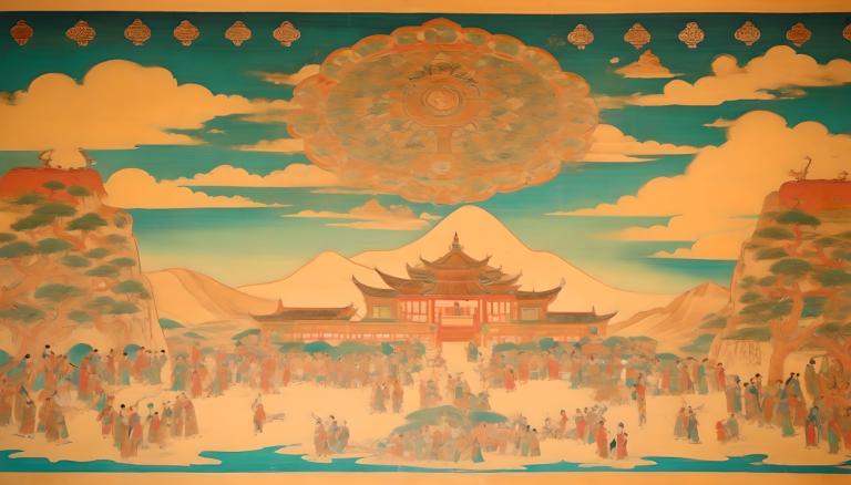 Fresco,Fresco, People, dunhuang murals, cloud, sky, architecture, east asian architecture, scenery, mountain