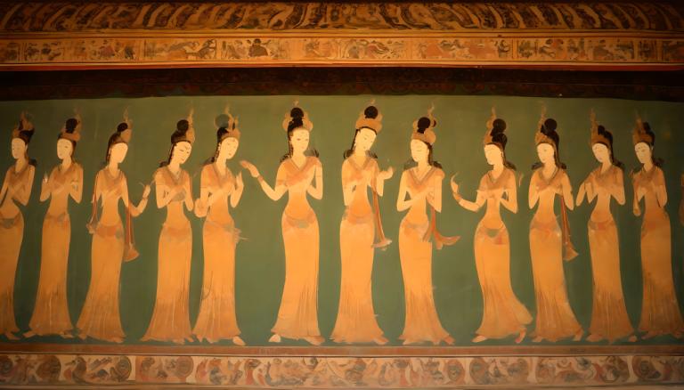 Fresco,Fresco, People, dunhuang murals, multiple girls, 6+girls, dancing, dress, long hair, black hair