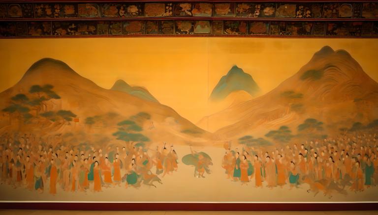 Fresko,Fresko, Menschen, Wandgemälde aus Dunhuang, Berg, mehrere Jungen, 6+Jungen, Landschaft