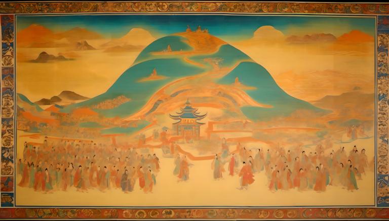 Fresque,Fresque, Personnes, peintures murales de Dunhuang, montagne, architecture, paysage, ciel