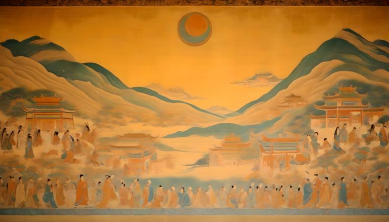 Fresco,Fresco, People, dunhuang murals, east asian architecture, architecture, mountain, multiple boys