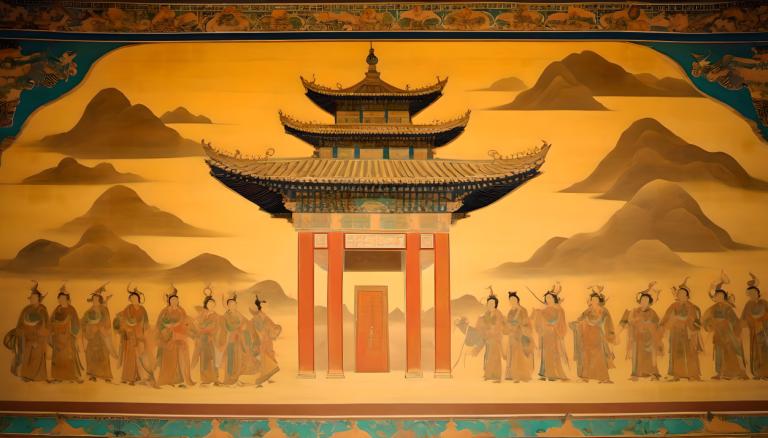 Fresco,Fresco, People, dunhuang murals, east asian architecture, architecture, 6+boys, mountain, weapon