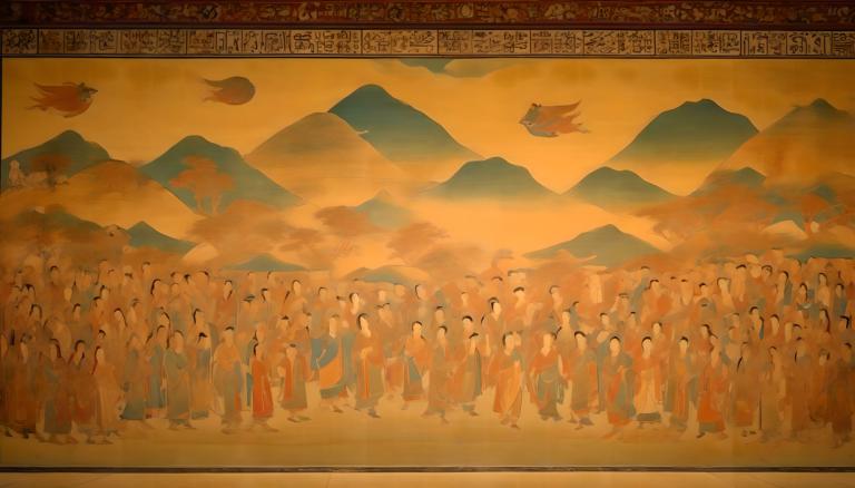 Fresco,Fresco, People, dunhuang murals, mountain, scenery, sky, sunset, cloud, bird, 6+boys, outdoors