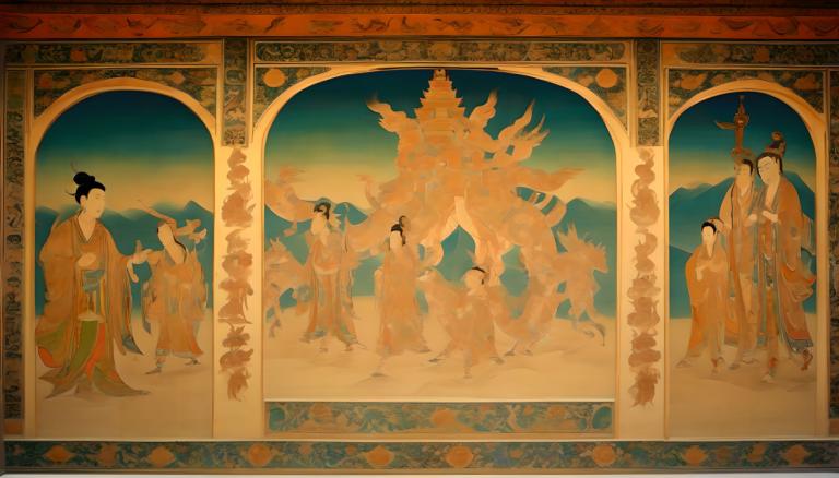 Fresco,Fresco, People, dunhuang murals, bird, robe, multiple boys, black hair, mountain, holding