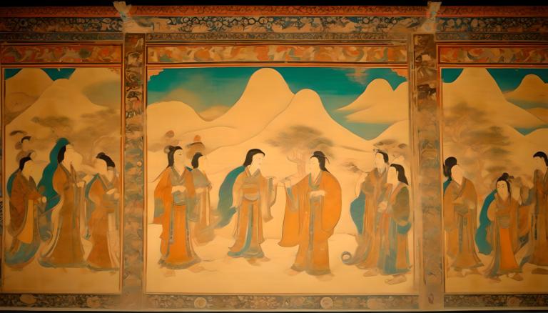 Fresque,Fresque, Personnes, peintures murales de Dunhuang, hanfu, cheveux longs, peignoir, vêtements chinois