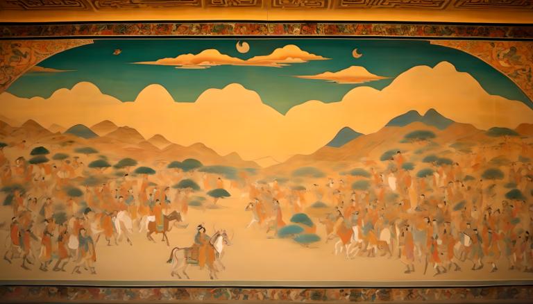 Fresque,Fresque, Personnes, peintures murales de Dunhuang, cheval, nuage, lune, ciel, montagne, désert