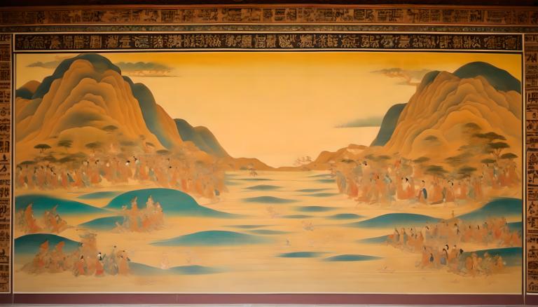 Fresco,Fresco, People, dunhuang murals, mountain, scenery, tree, sunset, sky, cloud, nature, outdoors